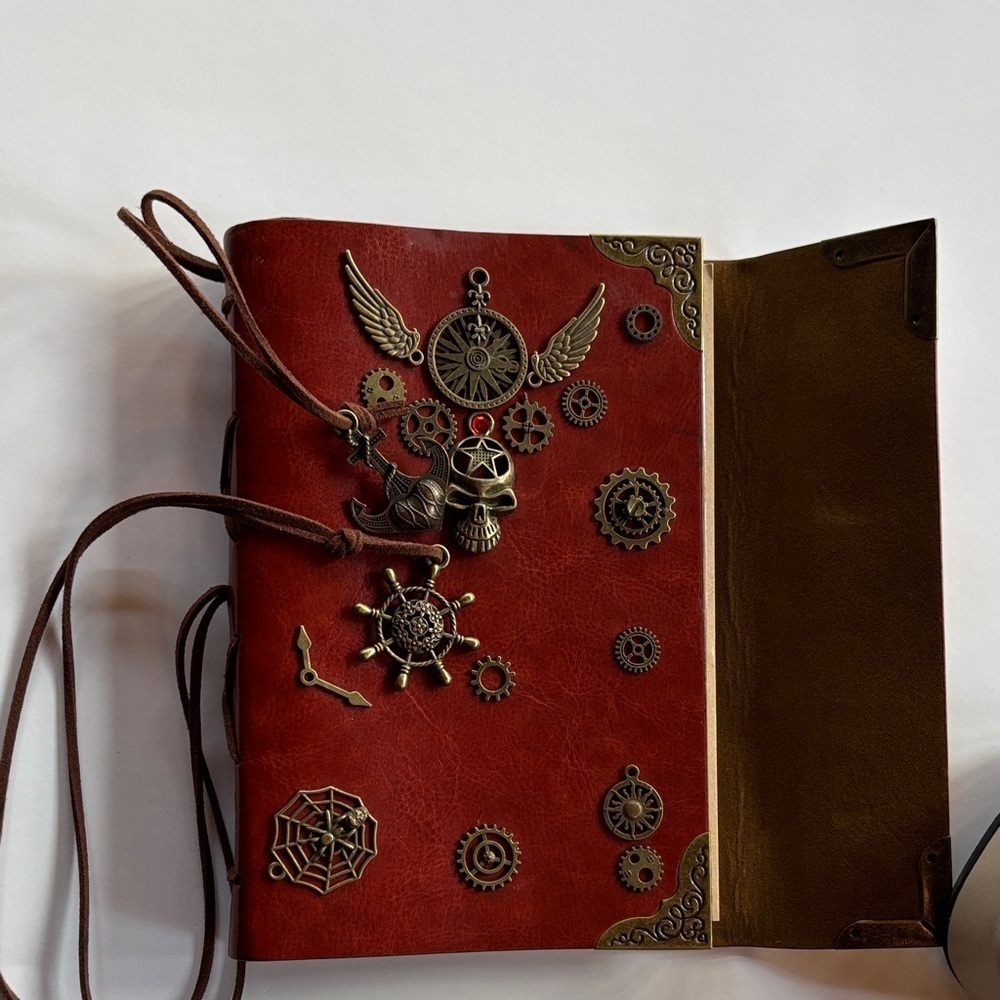Vintage Red Faux Leather Steampunk Journal W/Metal Accents Scull Anchor
